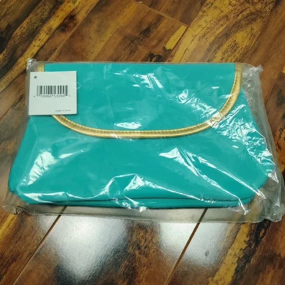 Teal Green Cosmetic Bag with Gold Trim and Snap Closure - Brush Holder