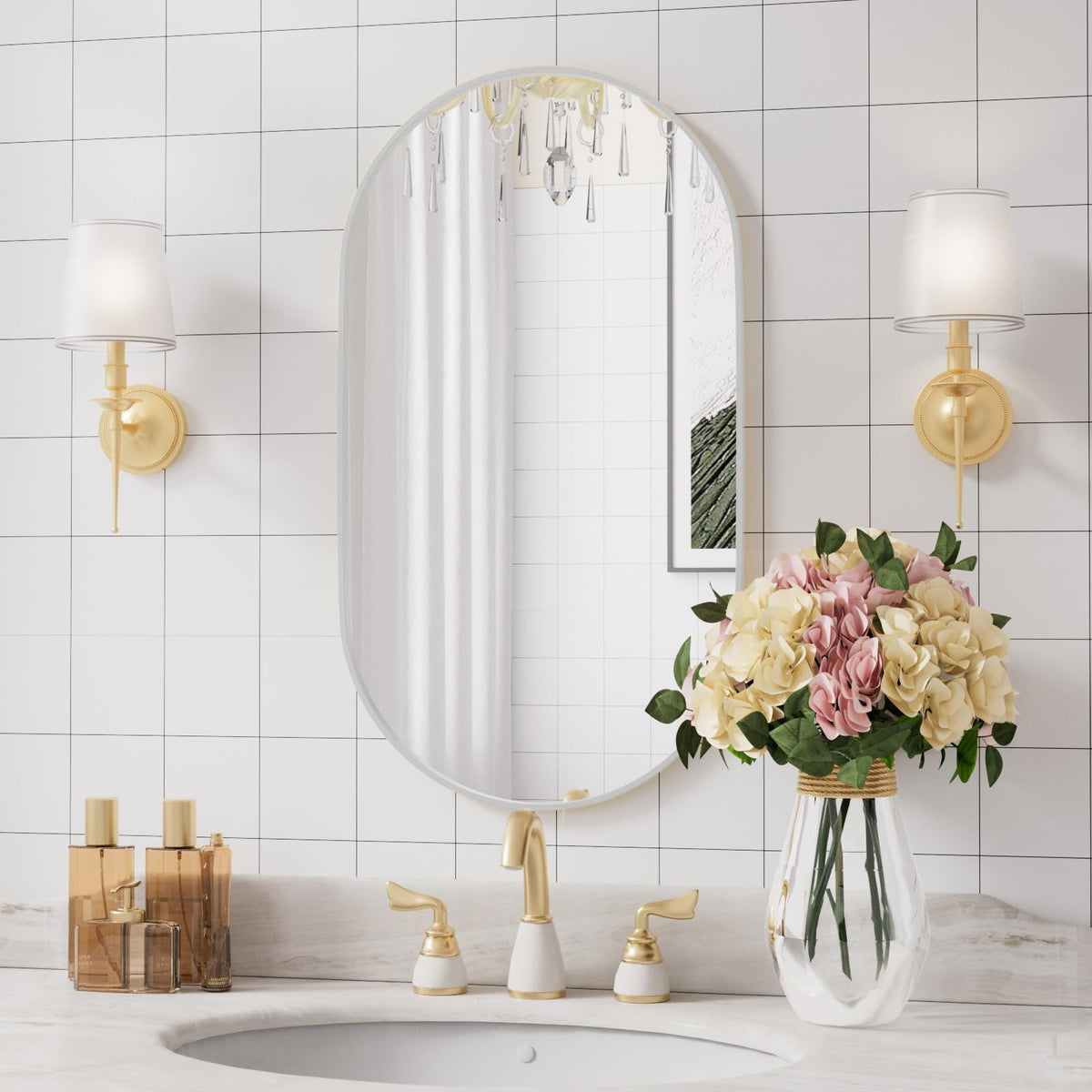 Oval Bathroom Mirror 20x28 Inch Silver Wall Mirror Modern Decor