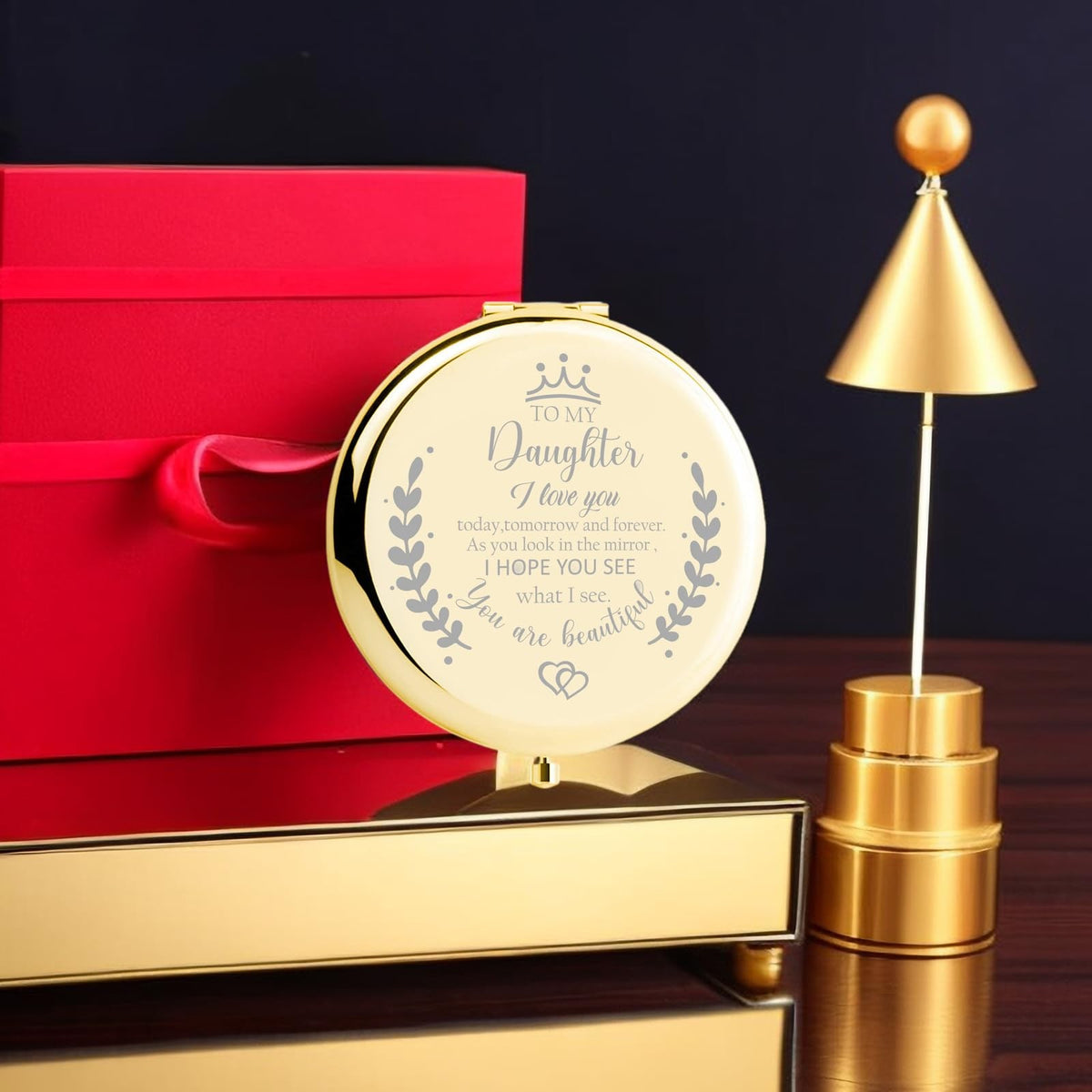 Engraved Compact Makeup Mirror for Daughter - Personalized Gift, Rose Gold, 2X Magnification