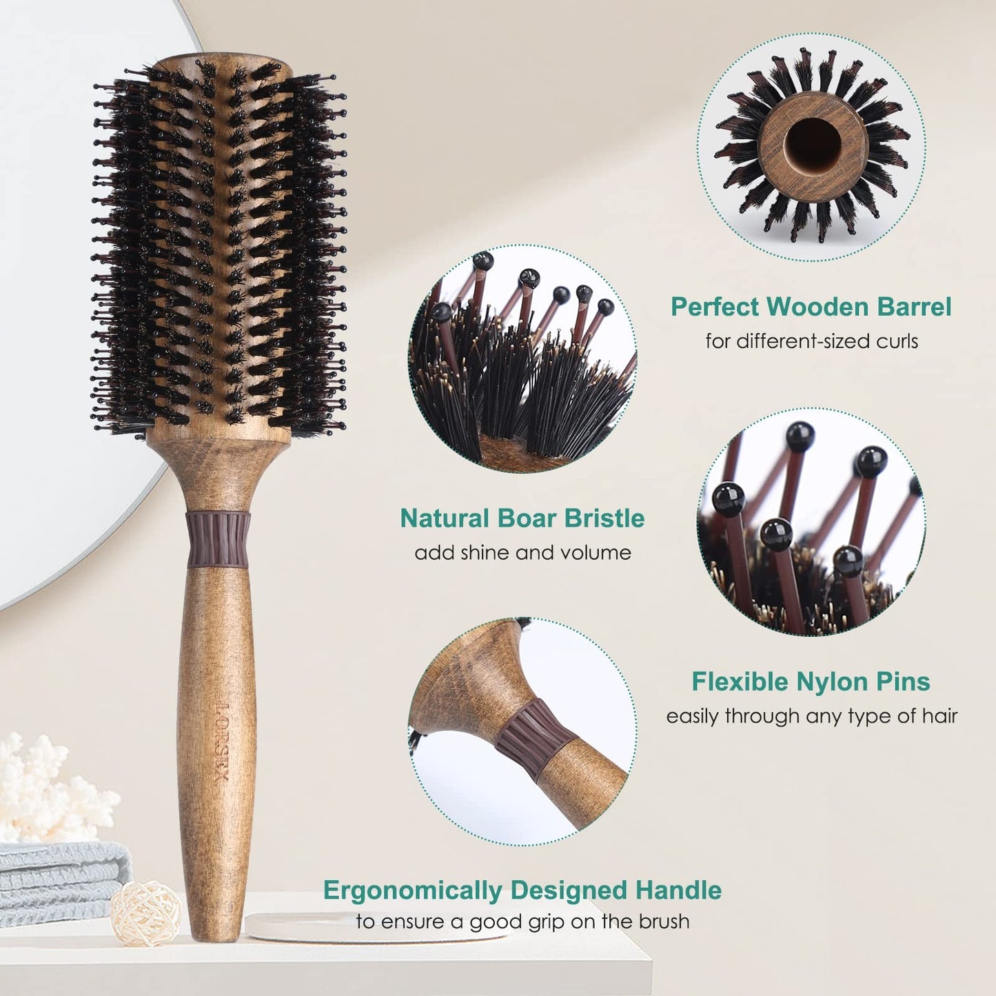 Round Boar Bristle Hair Brush for Blow Drying 2.8 Inch Salon-Style Styling Tool