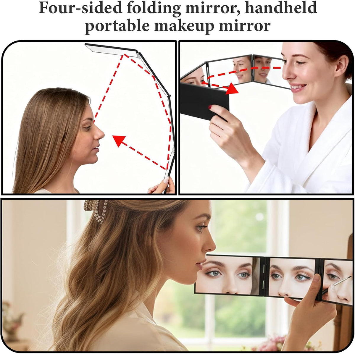 Foldable 4-Way Makeup & Haircut Mirror Portable 360° Handheld Black