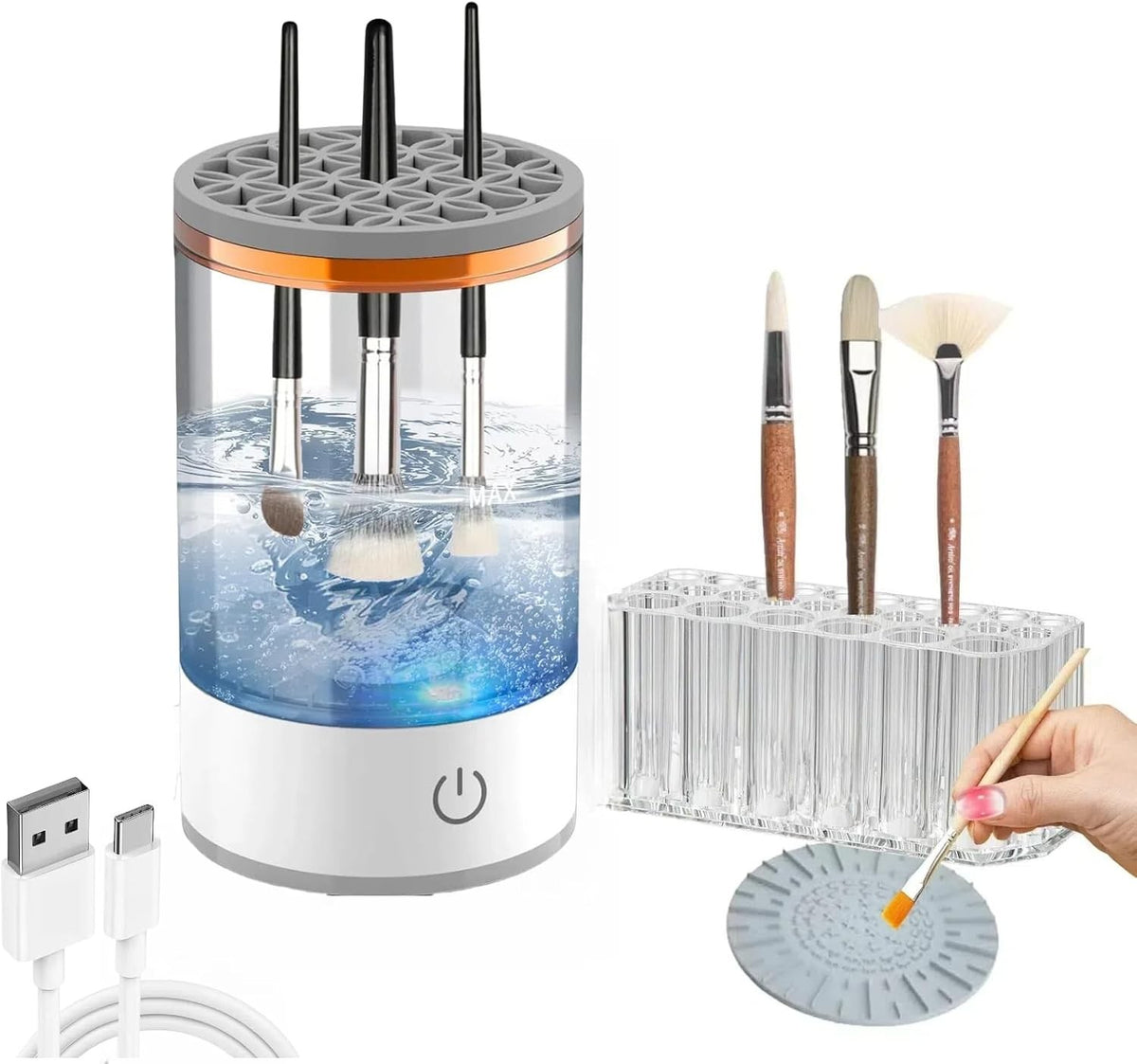 Electric Paint Brush Cleaner Rinse Cup - Cordless Auto Brush Washer with 26-Slot Holder