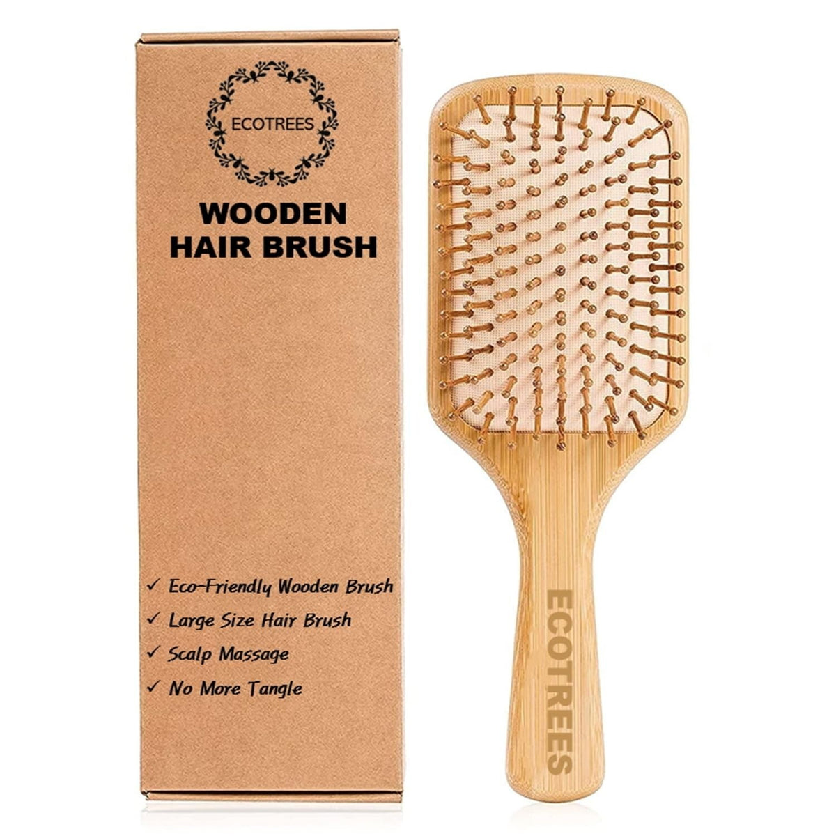 Large Wooden Paddle Hair Brush with Bamboo Bristles - Eco-Friendly Detangler