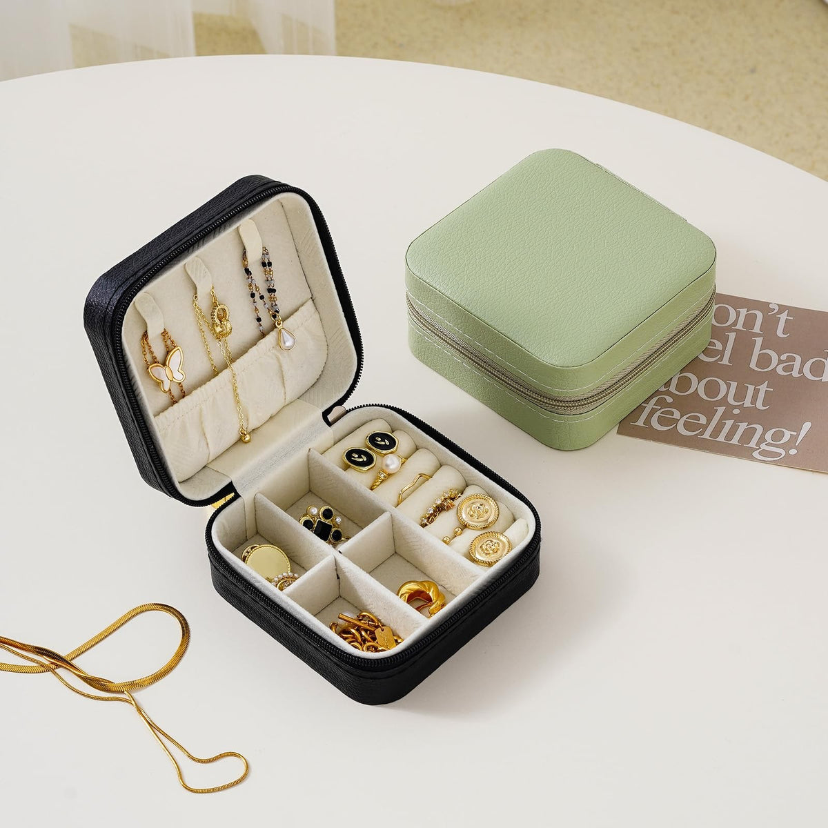 Travel Jewelry Case - Small Leather Organizer with Necklace Hooks & Ring Grooves, Green