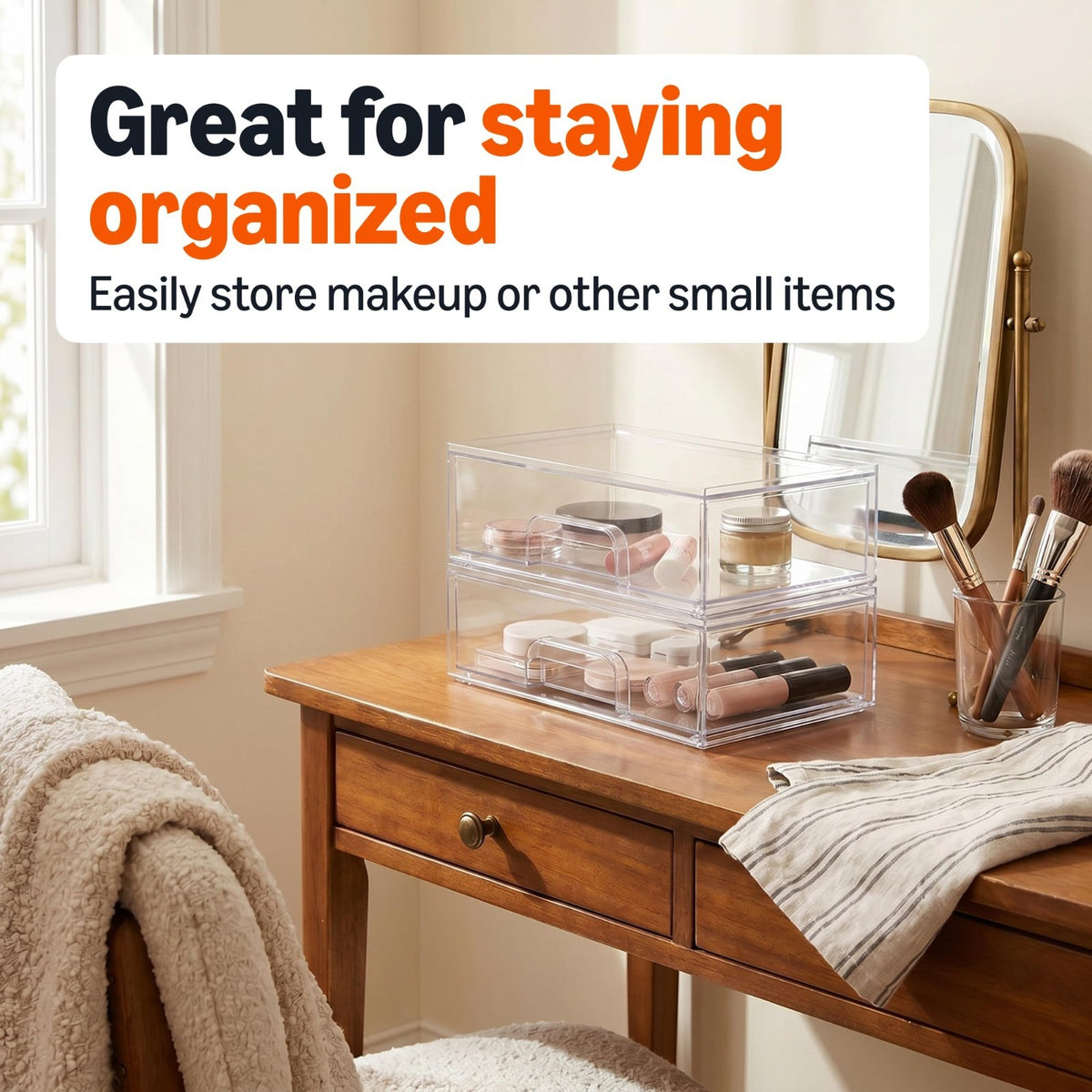 Stackable Clear Plastic Makeup Organizer Drawers - 2 Pack, 12.1 x 7.6 x 3.5 Inches
