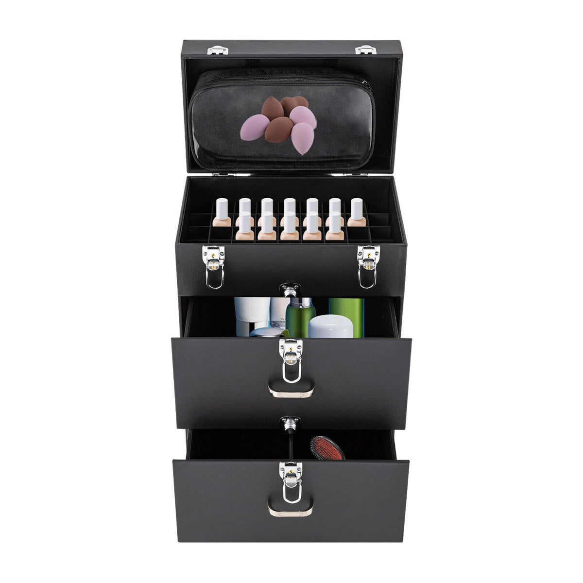 Rolling Makeup Train Case with Aluminum Alloy Storage Organizer and Locking Compartments