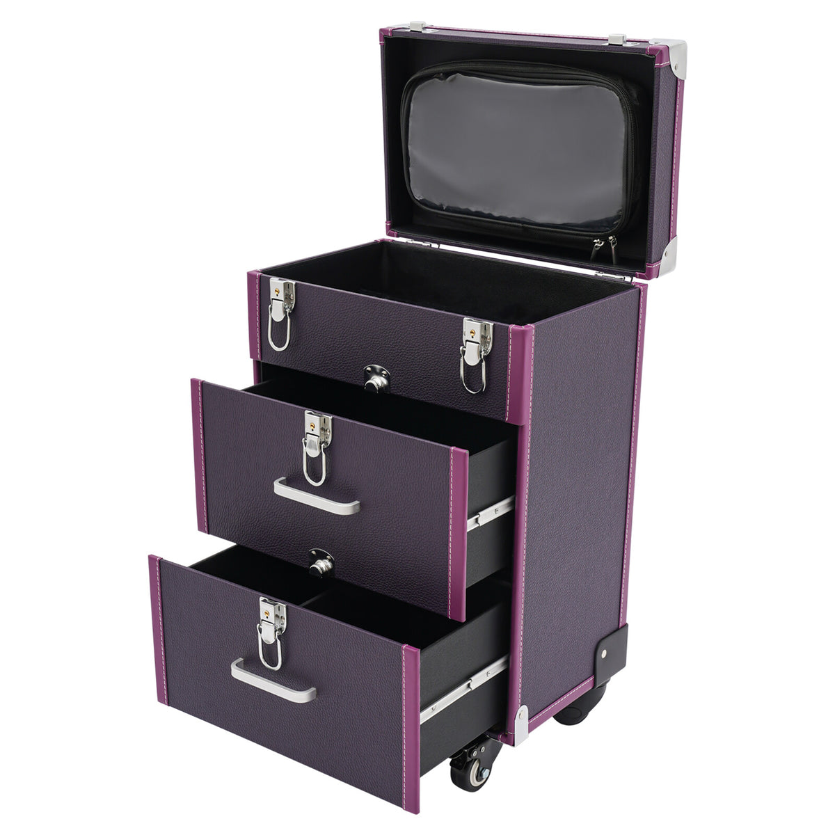 Rolling Makeup Train Case with Large Capacity and Locking Latches