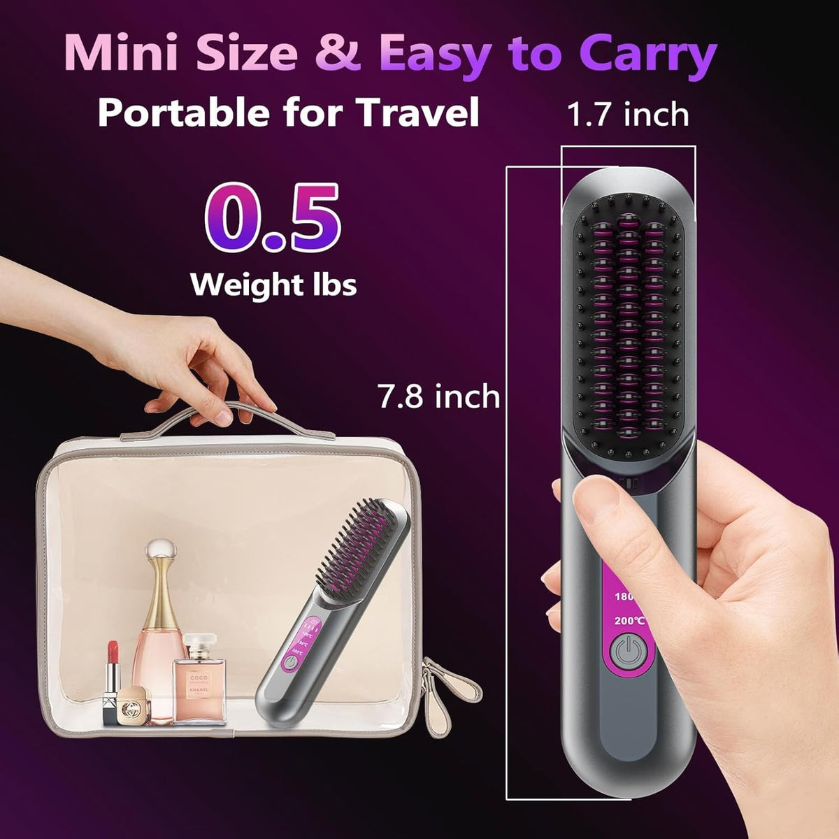Cordless Ionic Ceramic Hair Straightener Brush for Thick & Curly Hair