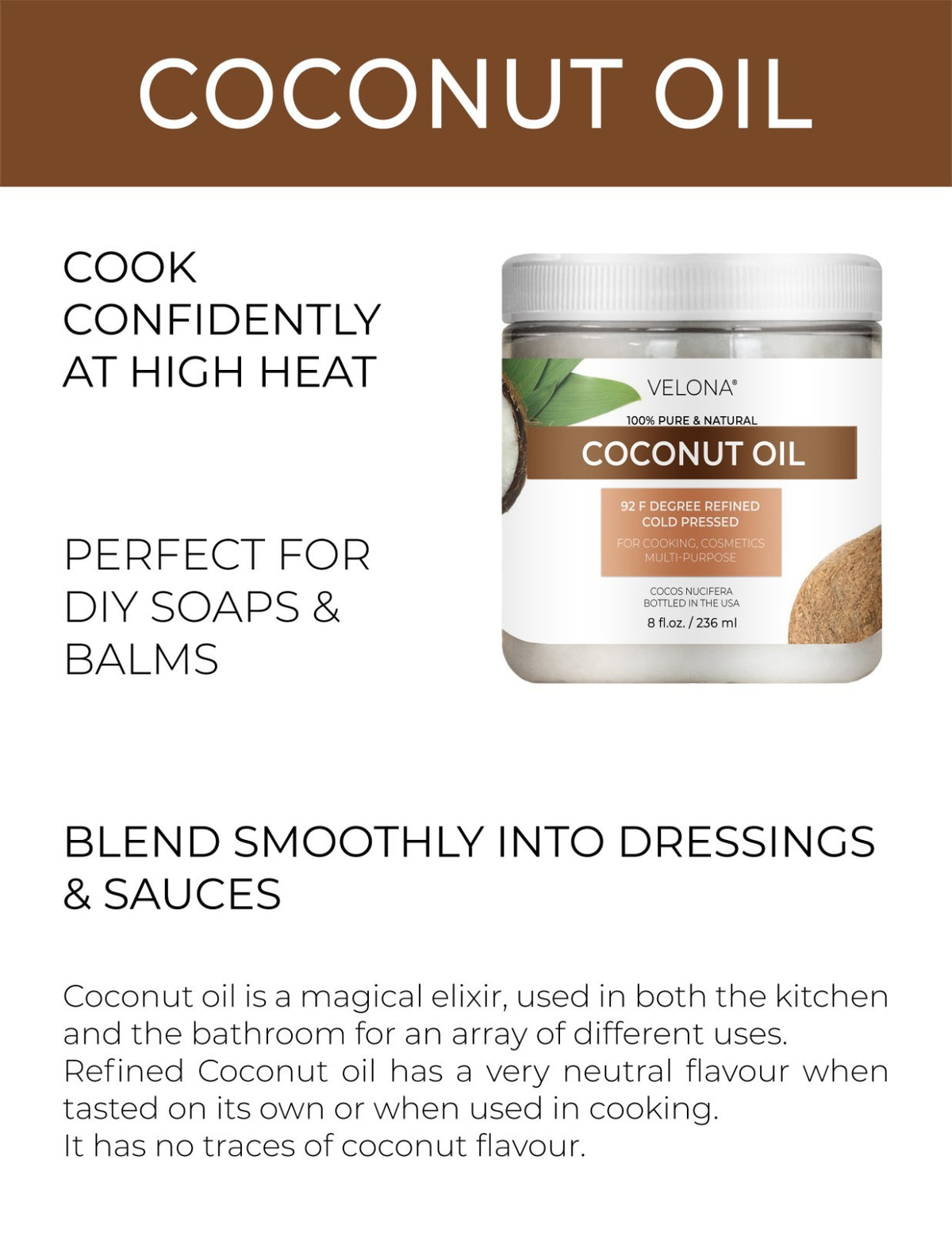 Pure Refined Coconut Oil 92 Degree - Multiple Sizes for Skincare & Cooking