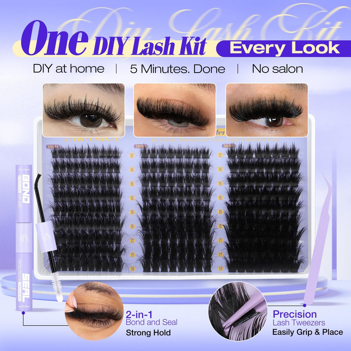 DIY Eyelash Clusters Kit 150D 200D 300D Full Volume Wispy Lash Extensions