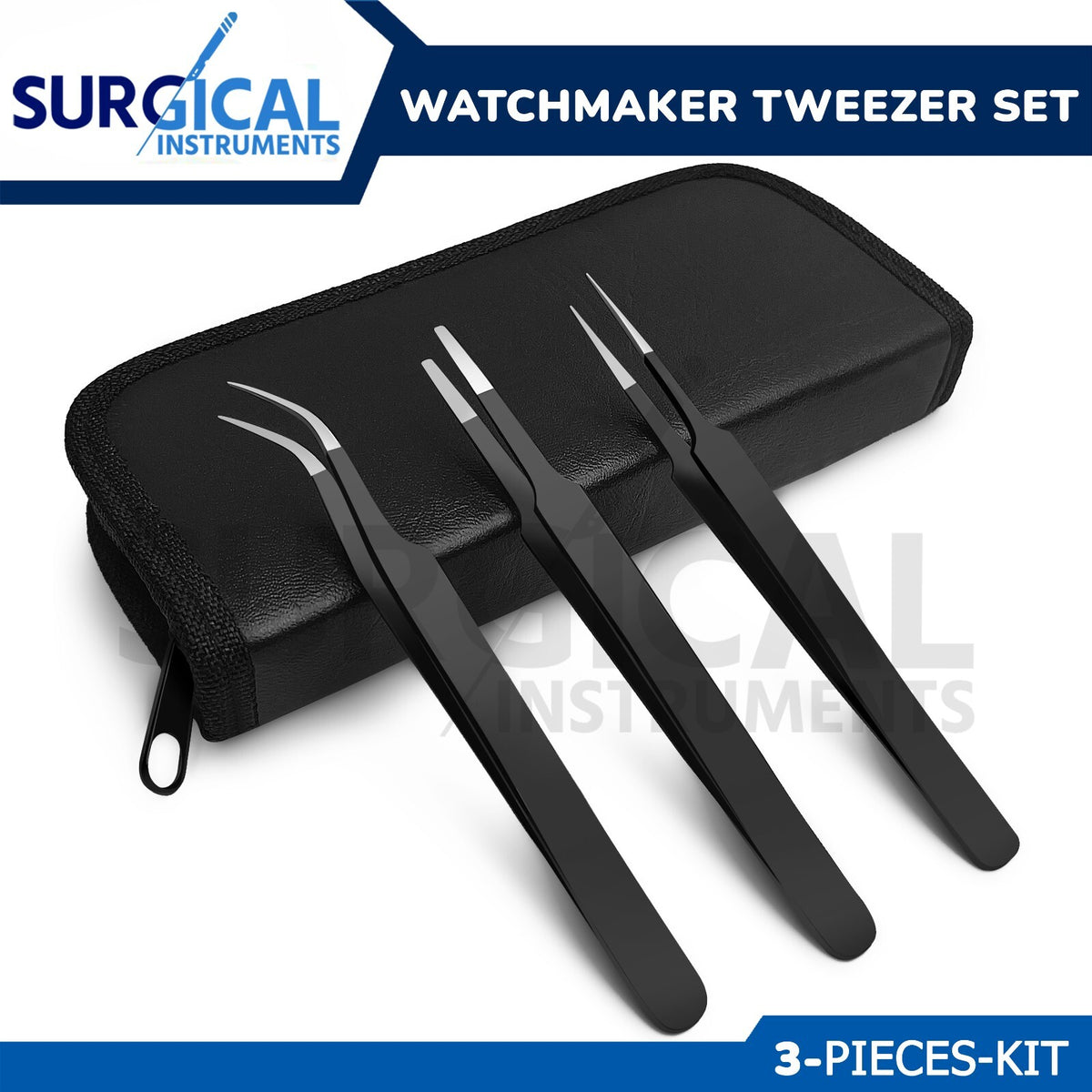 Precision Tweezers Set with Extra Fine, Angled, Blunt Tips for Electronics - Black