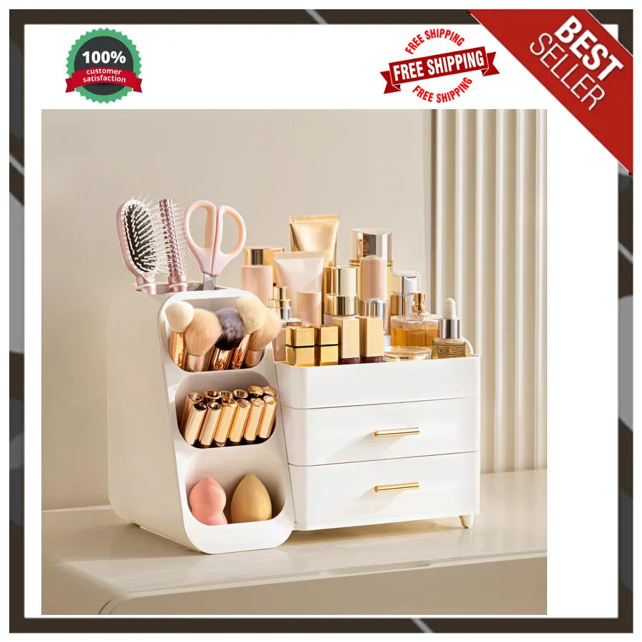 Large Plastic Makeup Organizer with Drawers and Brush Slots - White Vanity Storage