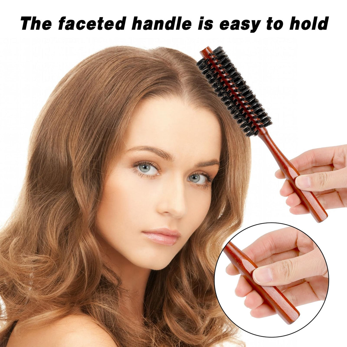 Small Round Boar Bristle Hair Brush for Thin Short Hair - Natural Wooden Styling Brush
