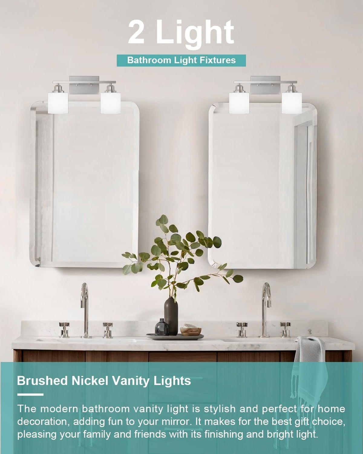 2-Light Bathroom Vanity Light Fixture, Brushed Nickel Modern Wall Sconce with White Glass Shades
