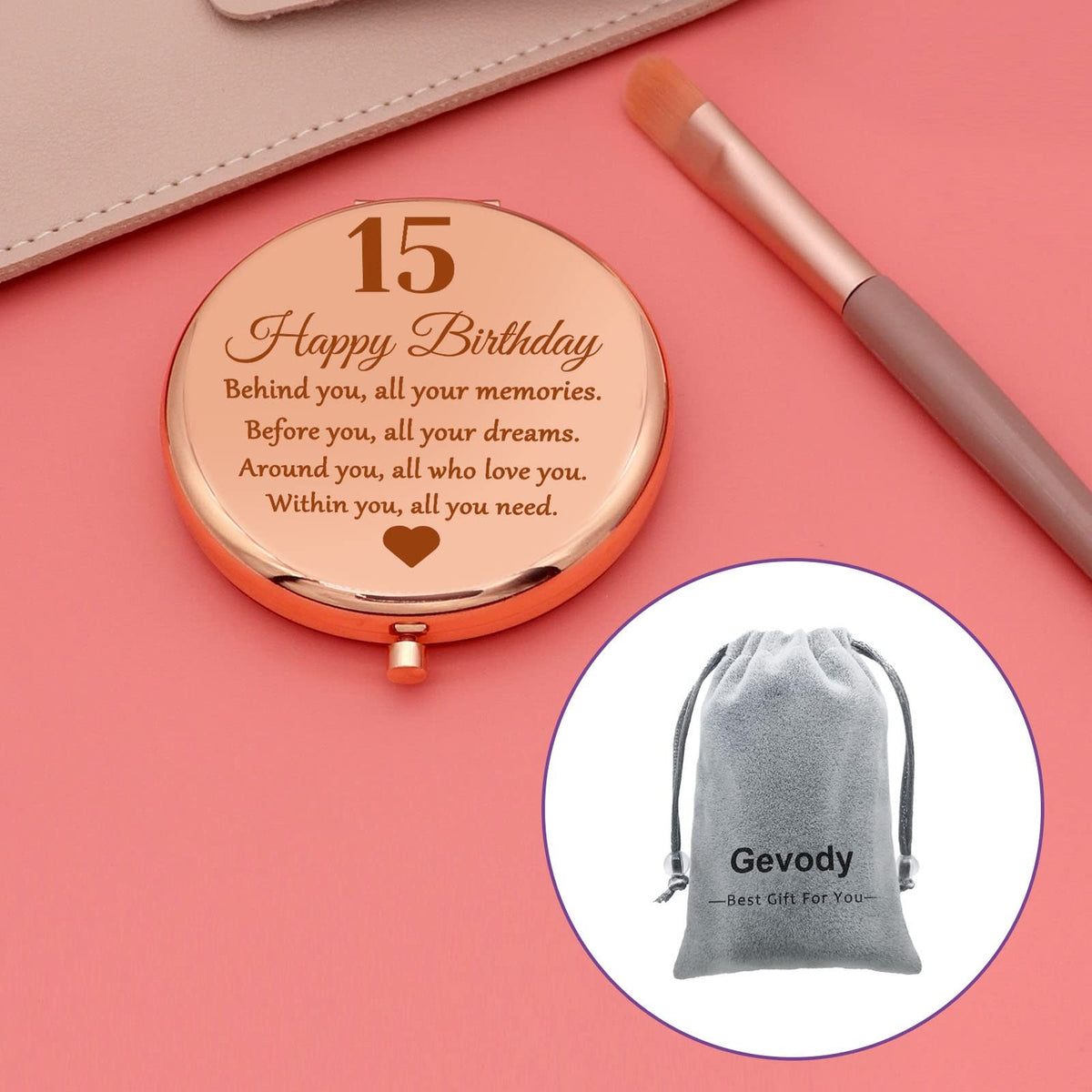 15th Birthday Compact Makeup Mirror Set - Round Stainless Steel, Portable & Stylish