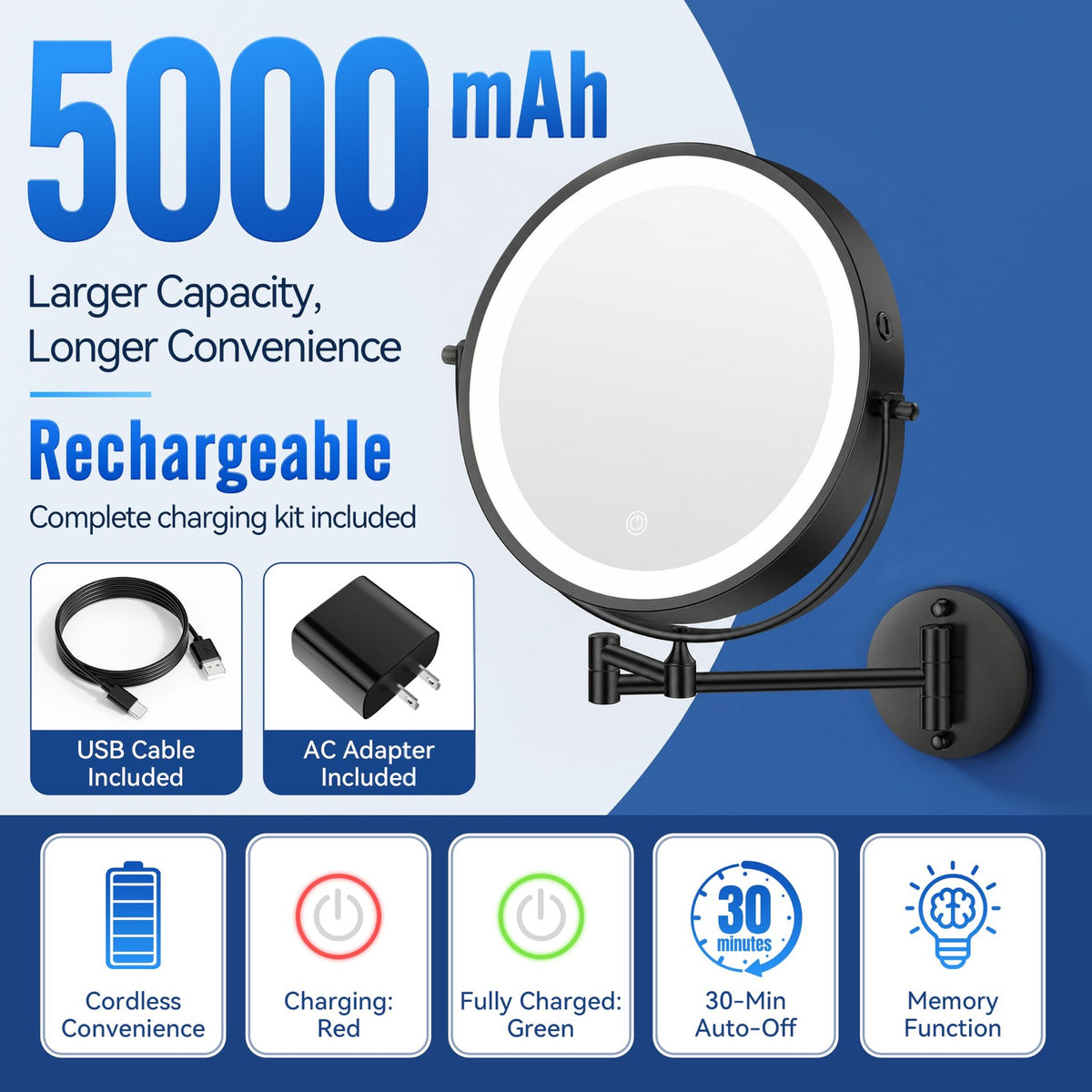 Wall Mounted Lighted Magnifying Makeup Mirror with 30X Zoom, 9 Inch, 360° Rotatable with Bright LED Lighting