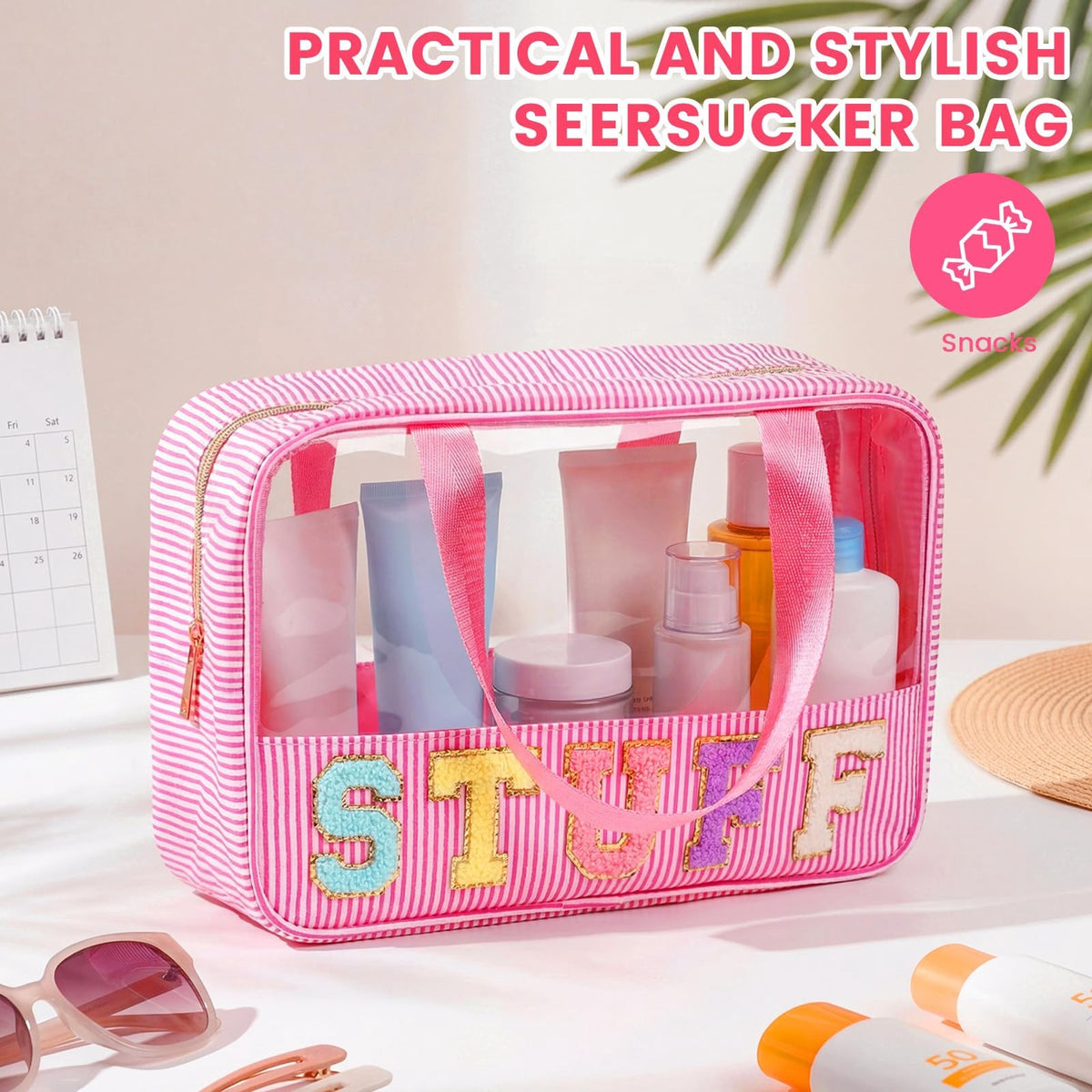 Seersucker Cosmetic Pouch with Handle - Pink Stuff, Portable Makeup Bag
