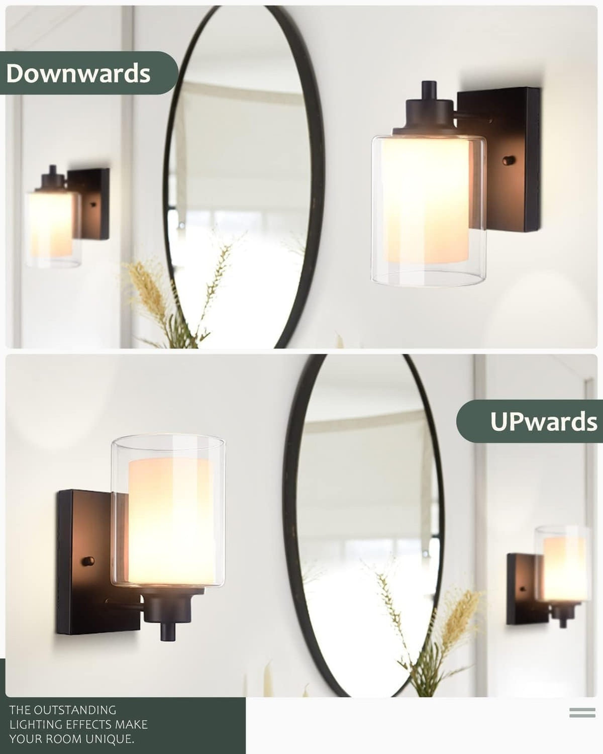 3-Pack Indoor Black Vanity Light Fixtures - 1-Light Wall Sconce with Dual Glass Shade, E26, Dimmable