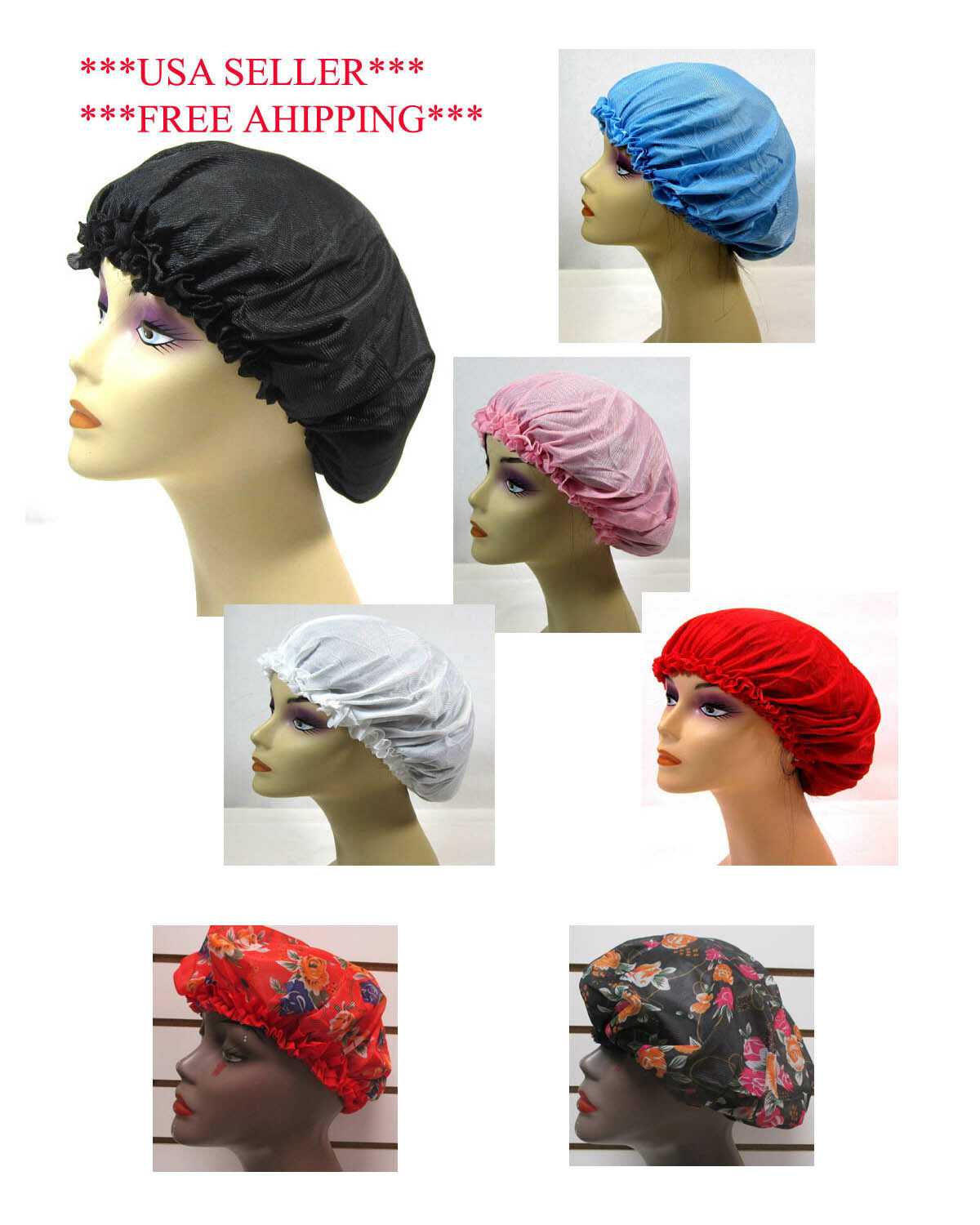 CHOOSE COLOR-X LARGE SATIN SLEEP CAP ELASTIC- BLK,WHITE,RED,BLUE,PINK