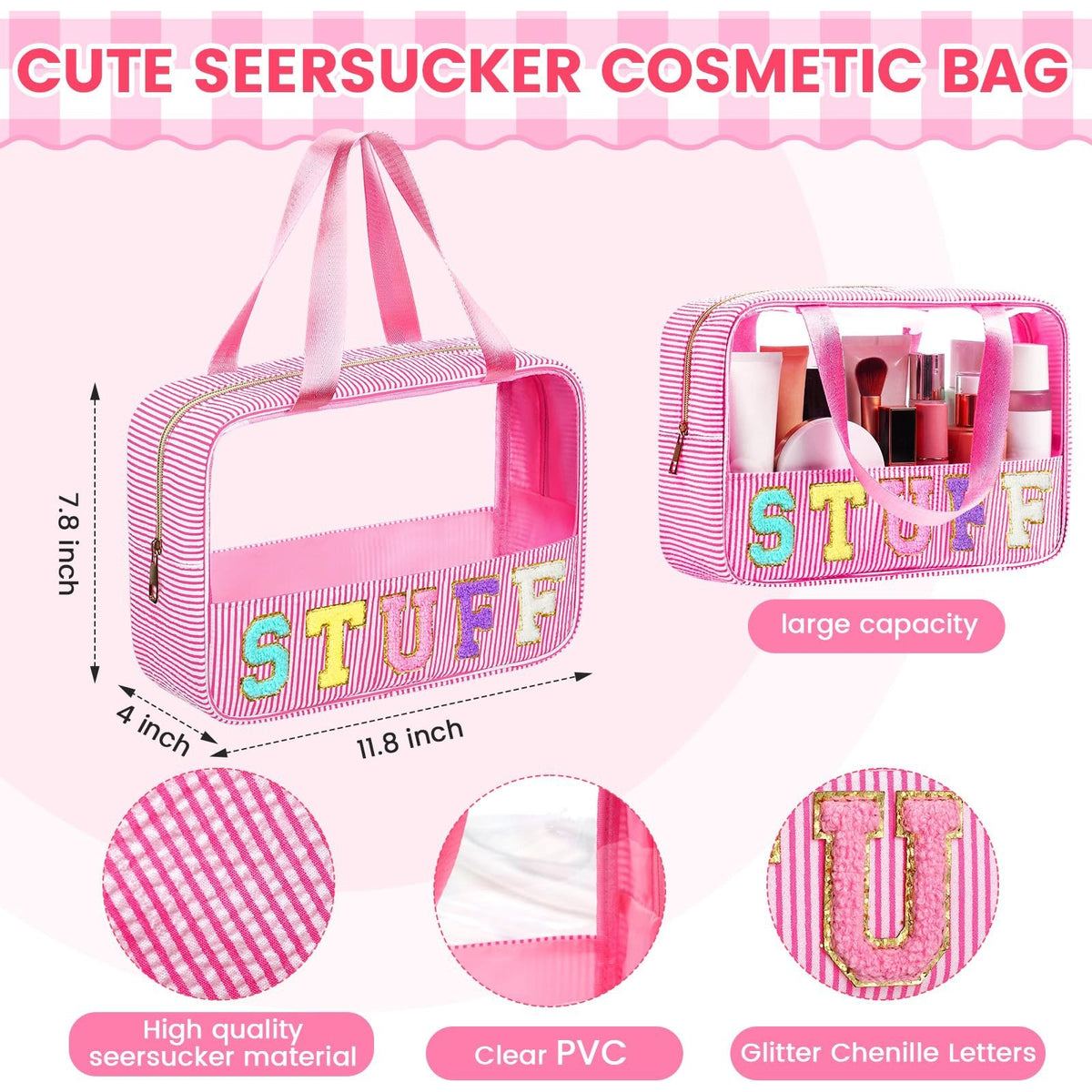 Seersucker Cosmetic Pouch with Handle - Pink Stuff, Portable Makeup Bag