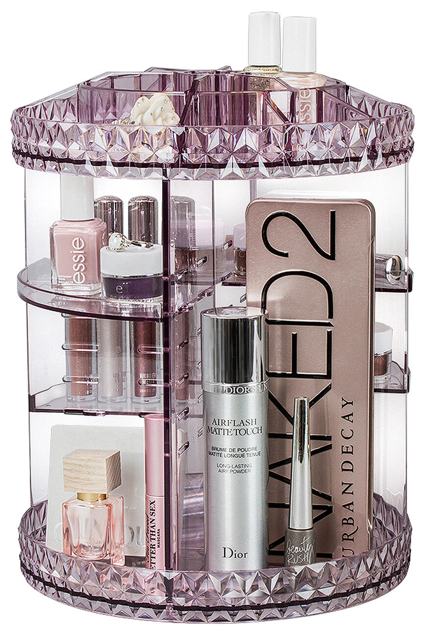 Rotating Makeup Organizer with Adjustable Shelves - 15 Slots, Clear or Pink