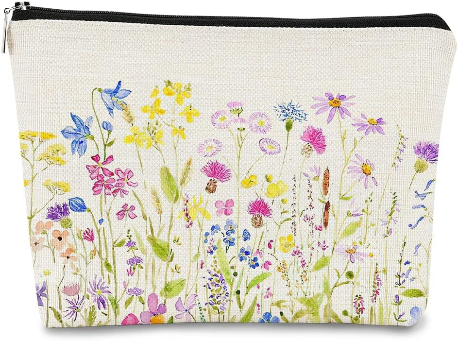Colorful Wildflowers Makeup Bag - Watercolor Meadow Floral Travel Organizer