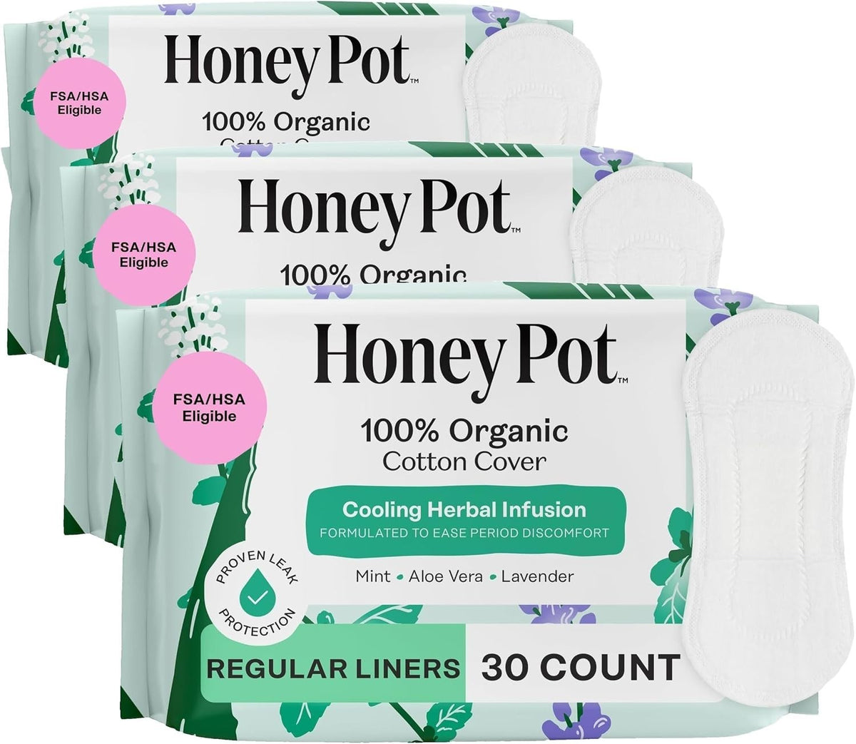 Herbal Infused Panty Liners - Organic Cotton, Cooling Effect, 30 Count Pack of 4