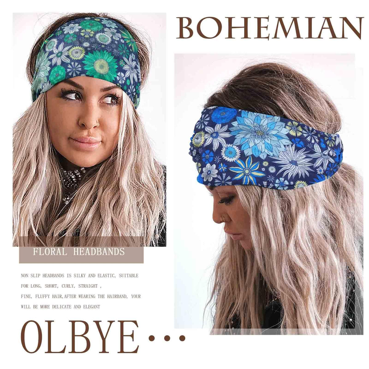 Wide Boho Headbands Floral Stretch Head 1 Count (Pack of 4),