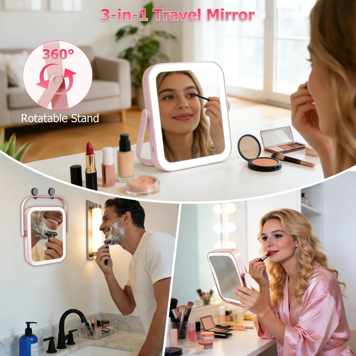Travel Makeup Mirror with Lights 30X/1X Dimmable Touch Screen Pink Rechargeable Vanity
