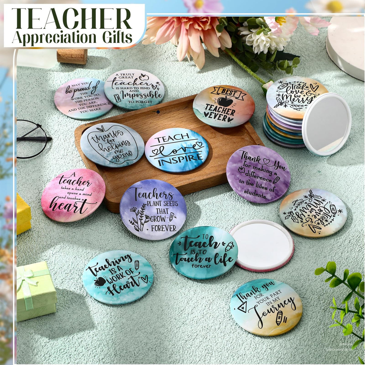 Teacher Appreciation Mini Pocket Mirror Set - 24 Vibrant Small Compact Mirrors