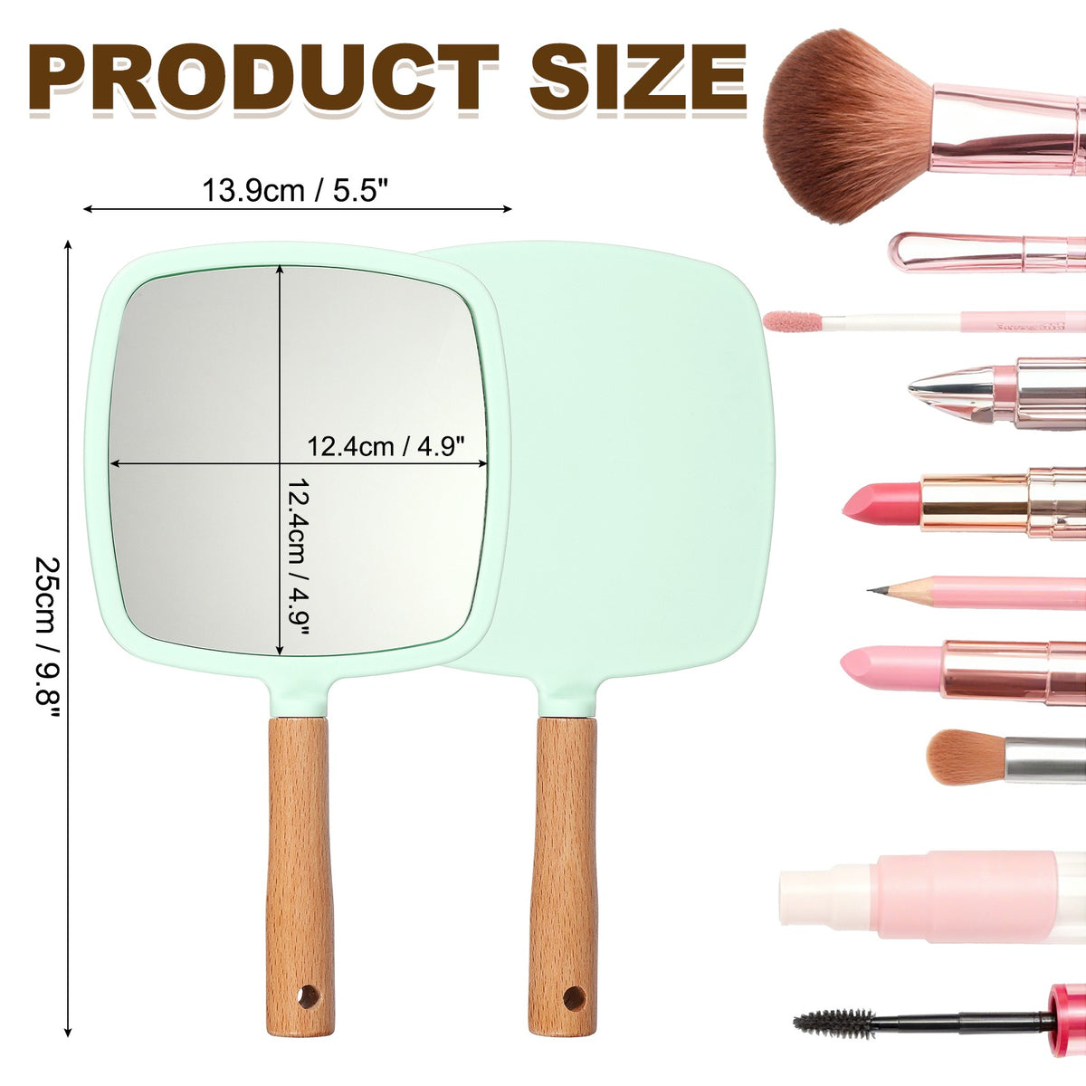 Wooden Handheld Makeup Mirror Square Portable Vanity Mirror Green