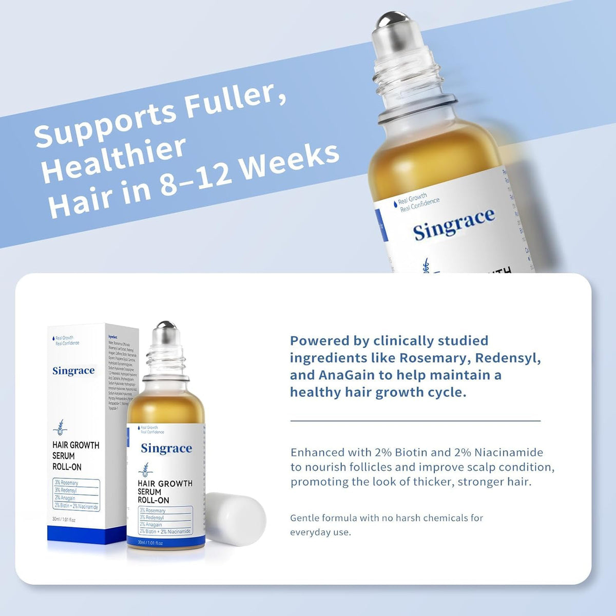 Hair Growth Serum, Biotin, Roll-On, Thinning Treatment, 30ml,