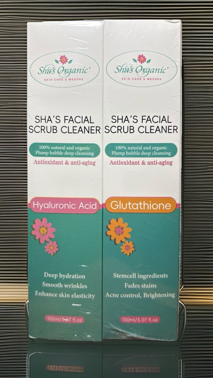 Sha's Organic Facial Scrub Cleaner Hyaluronic Acid + Glutathione 150