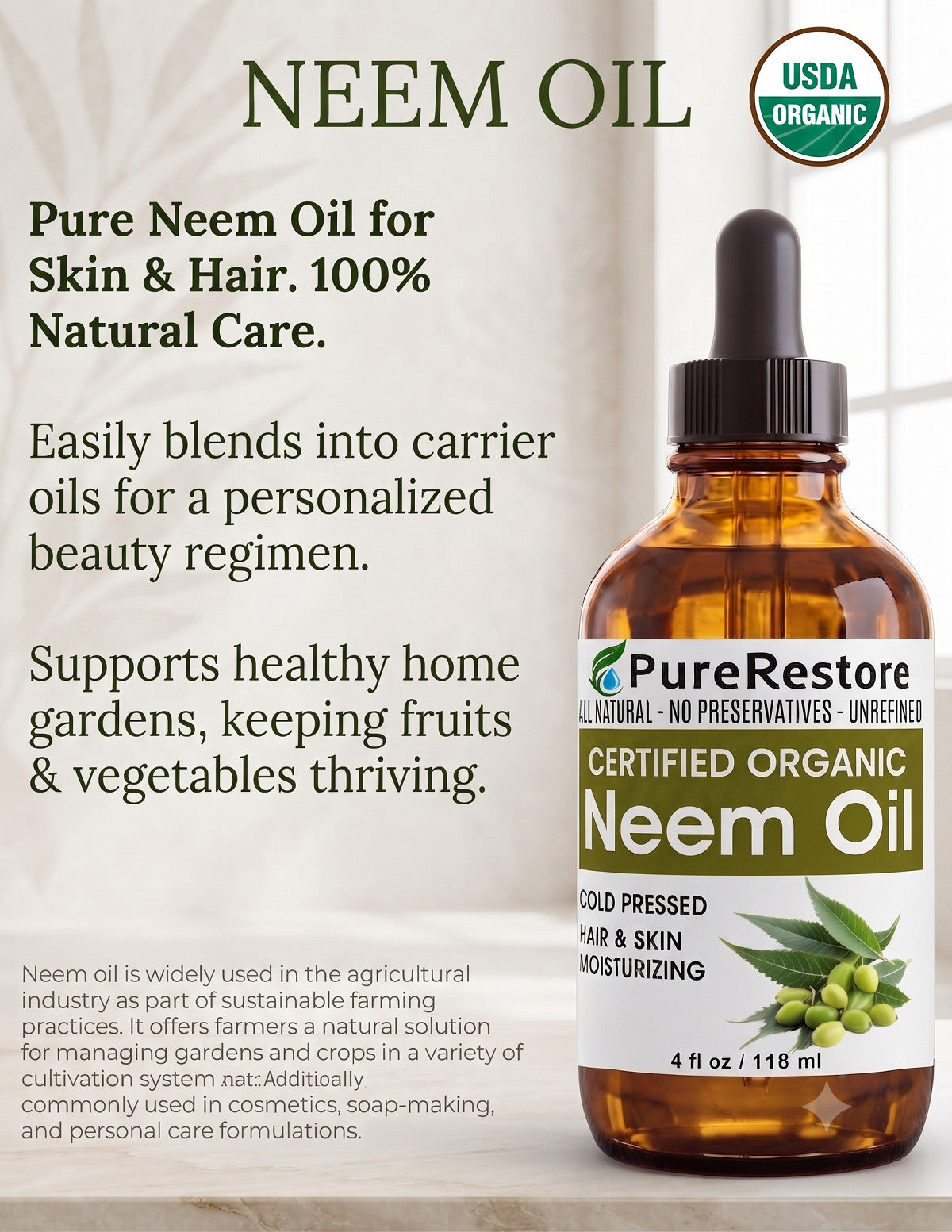 Organic Neem Oil for Skin Hair & Garden - Cold Pressed Unrefined PureRestore
