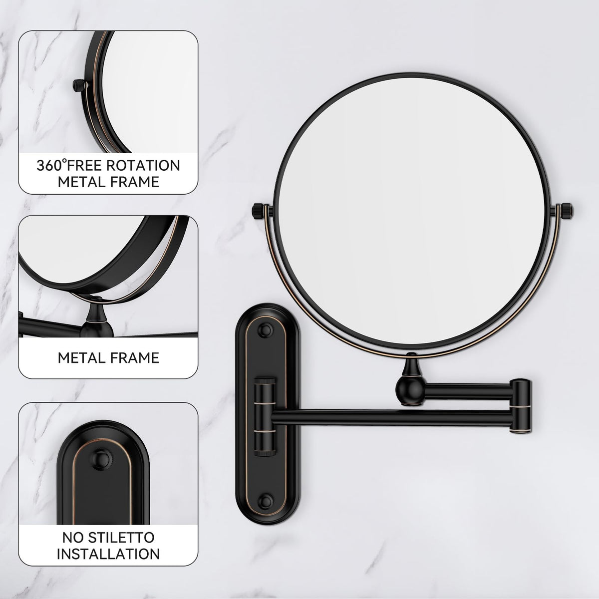 8-Inch Wall Mount Makeup Mirror with 20x Magnification and Adjustable Swivel - Oil Rubbed Bronze
