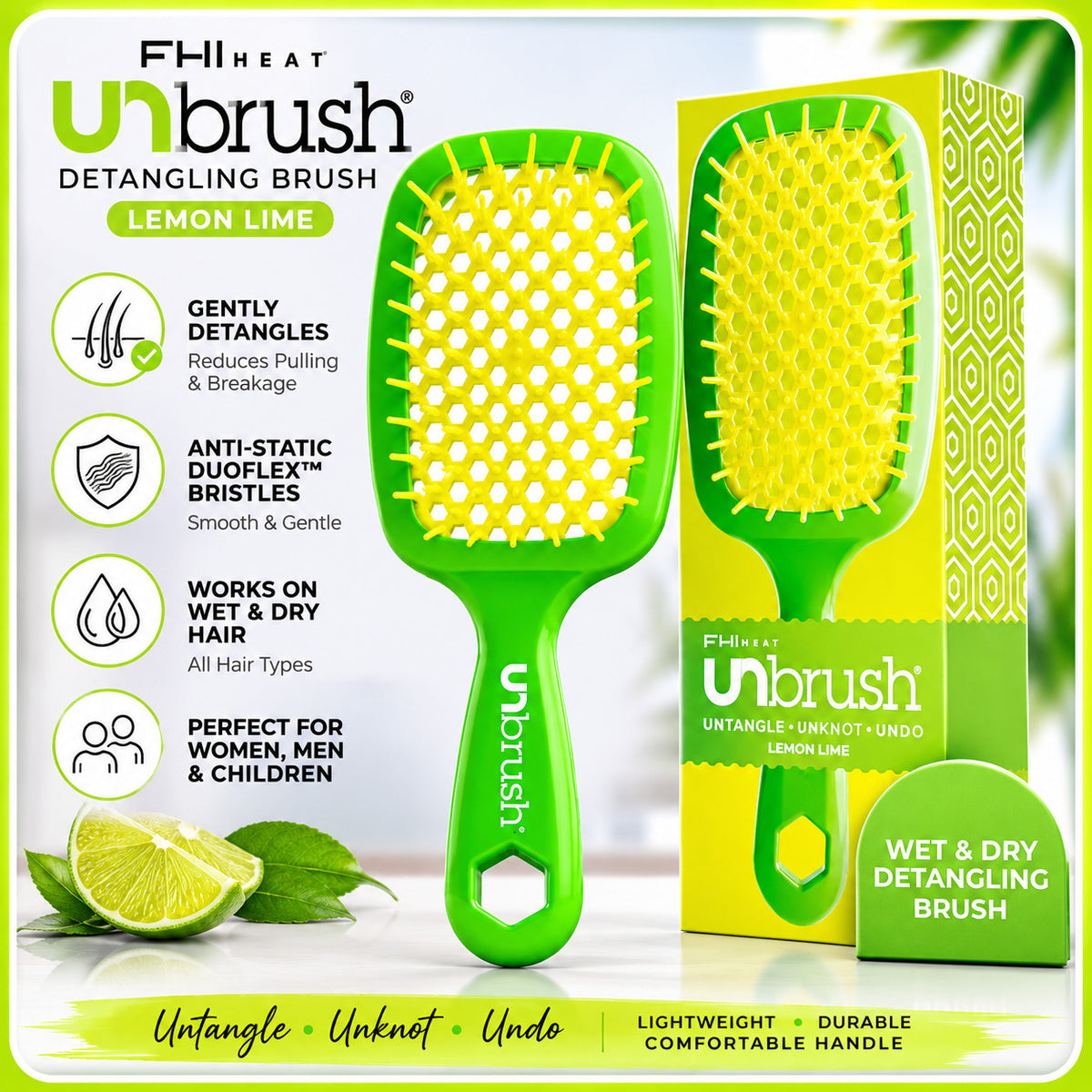 Detangling Hair Brush for Wet & Dry Hair - Lemon Lime Green