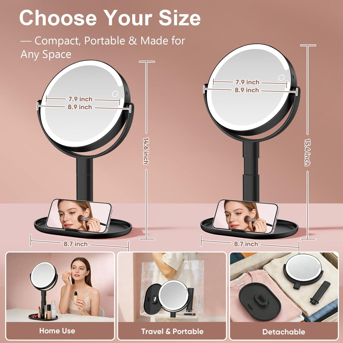 Lighted Makeup Mirror with 10X Magnification, Rechargeable LED, Adjustable Brightness
