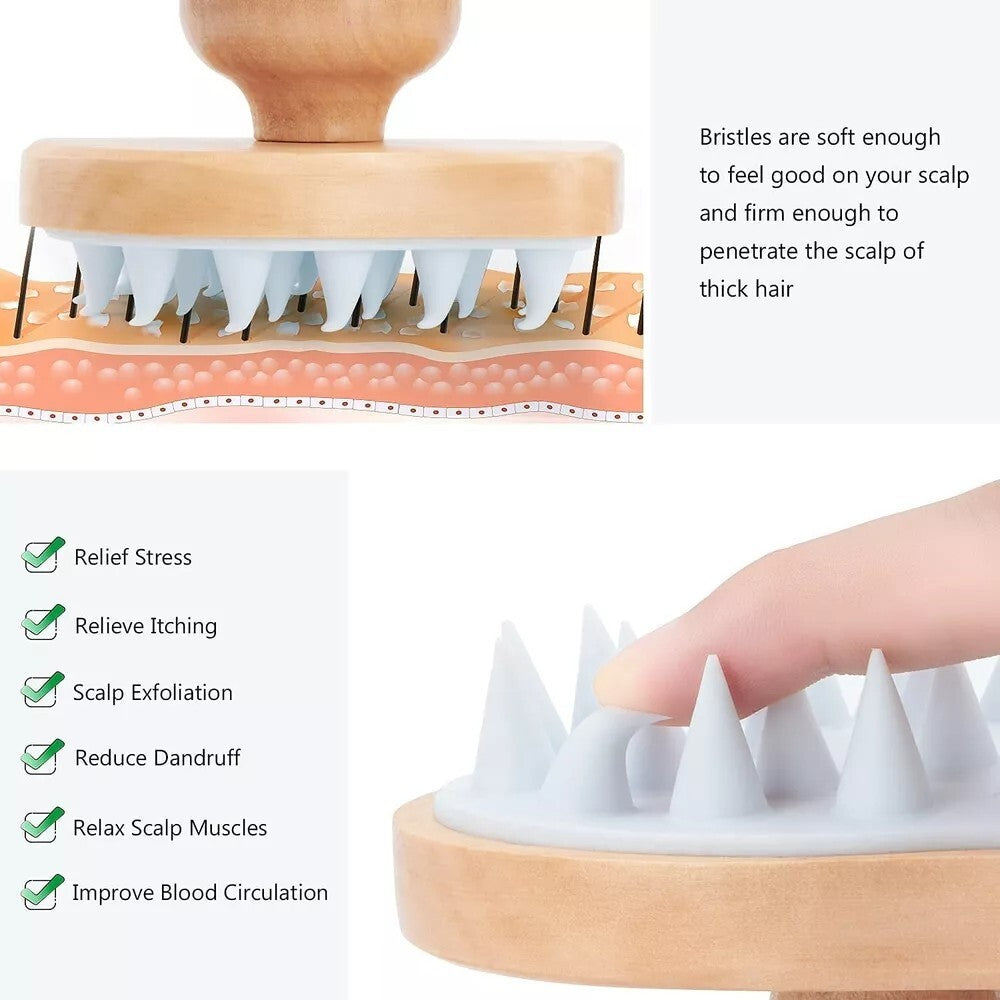 Wooden Scalp Shampoo Brush Massage Detangler with Soft Bristles - 2 Pack