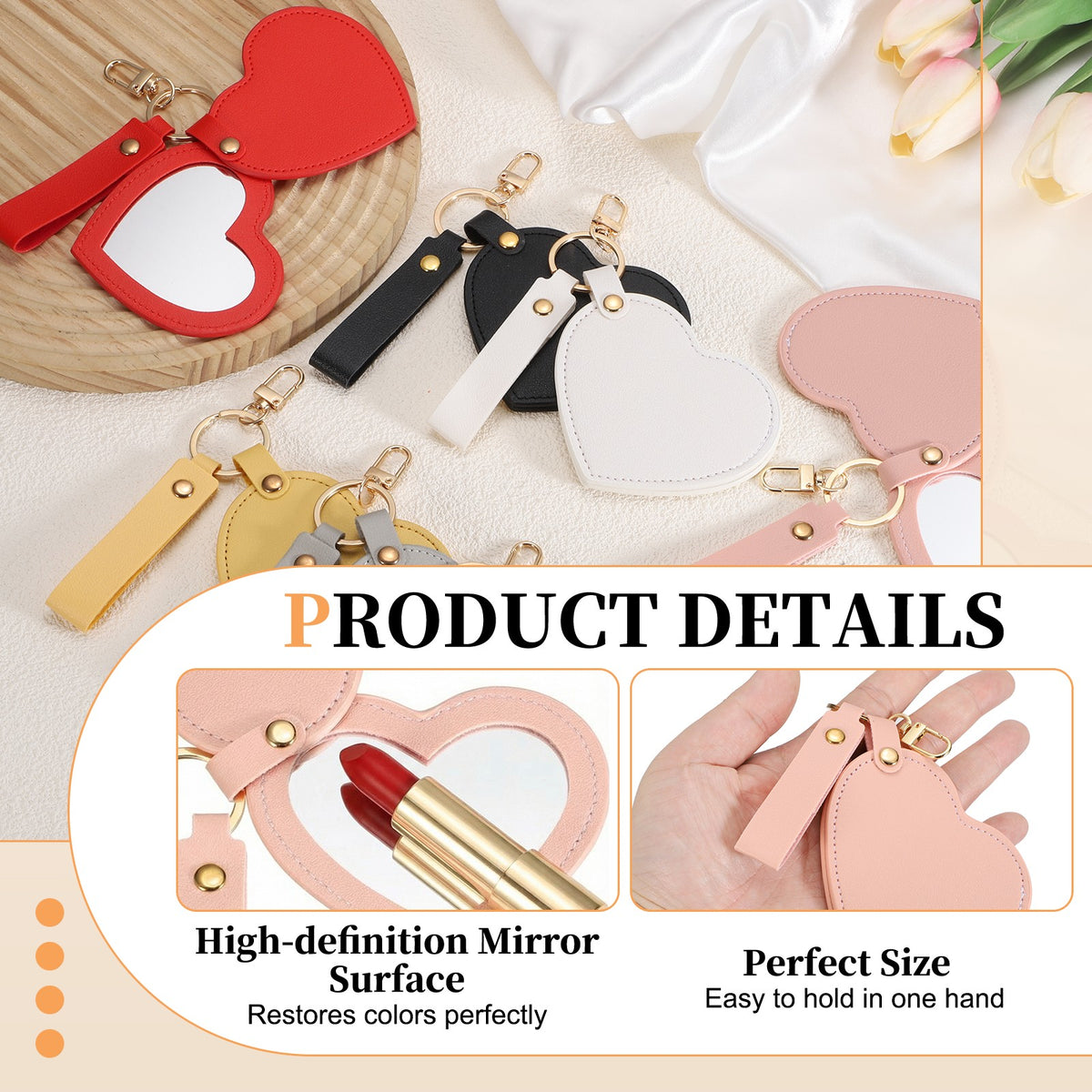 Mini Heart-Shaped Keychain Mirror with Leather Cover Pink Compact Travel Accessory
