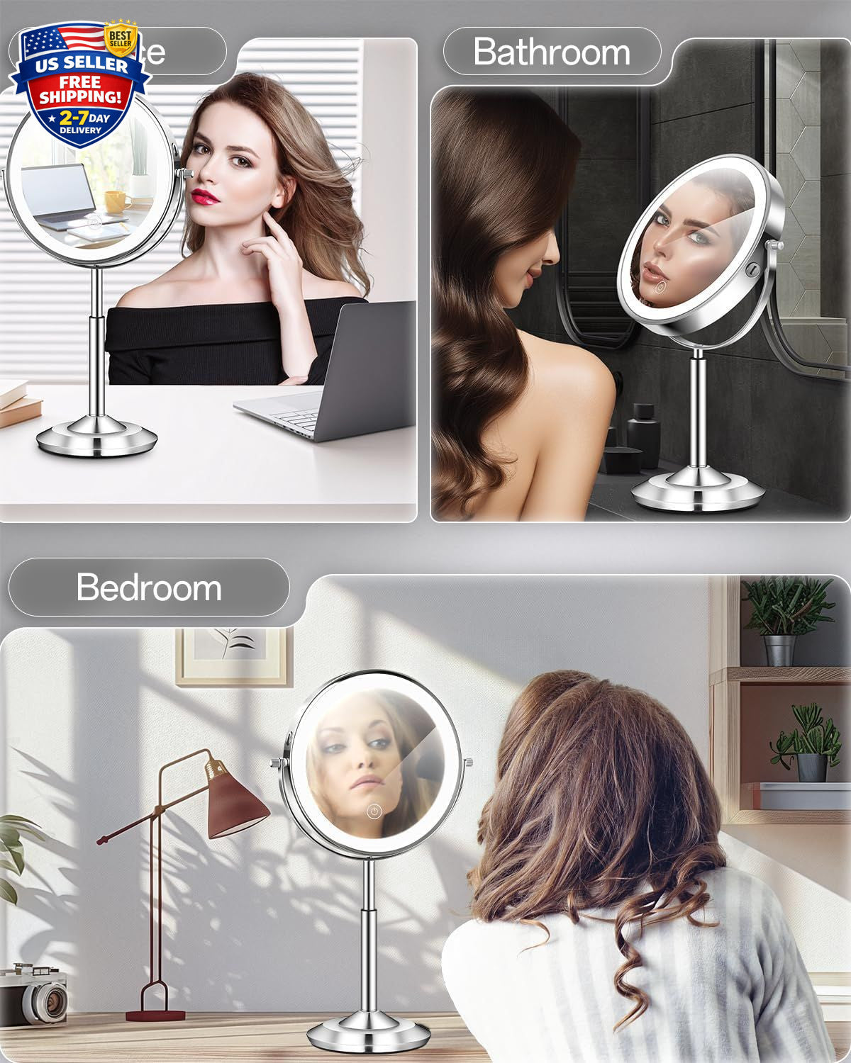 Adjustable Lighted Makeup Mirror with 30X Magnification and Rechargeable LEDs