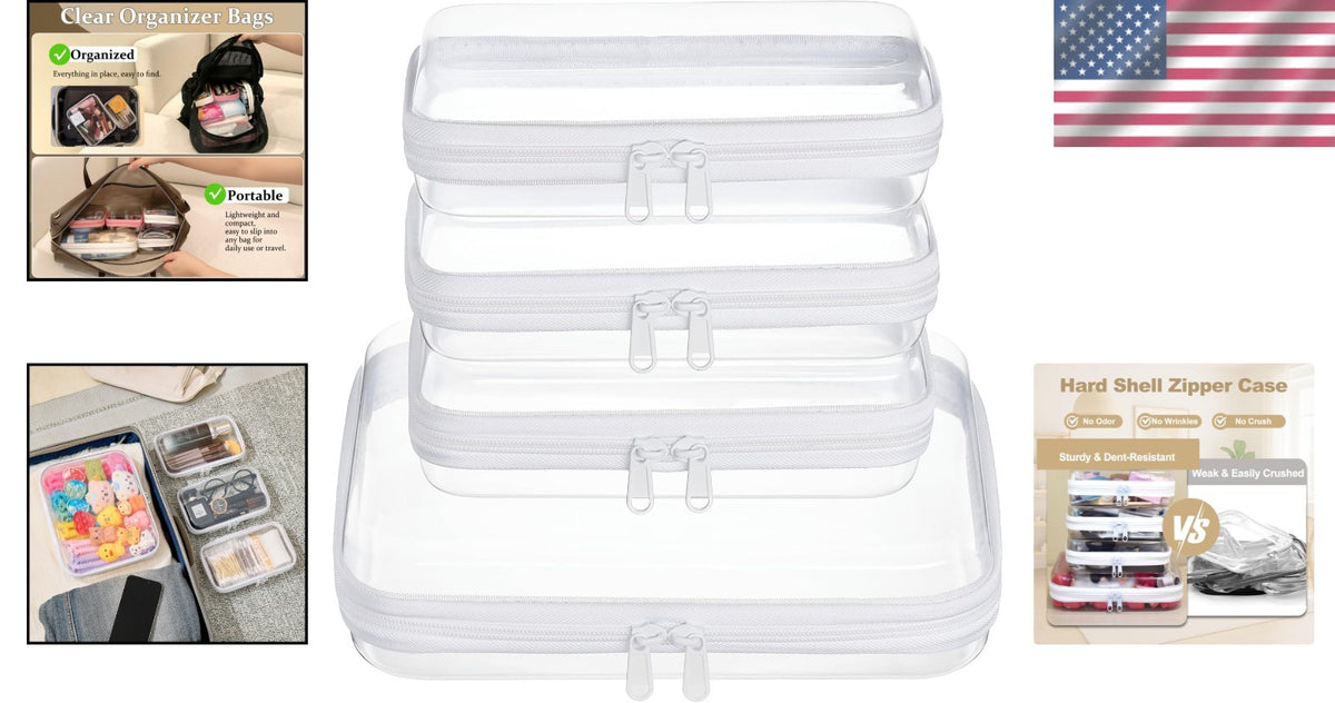 4 Pack Clear Hard Shell Zipper Pouches for Travel & Organization