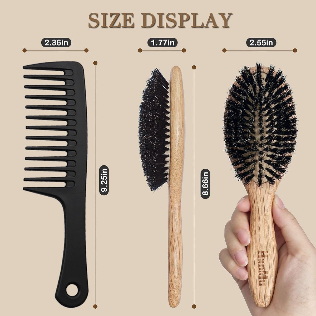 Boar Bristle Hair Brush Set for Fine & Straight Hair - Gentle Scalp Care