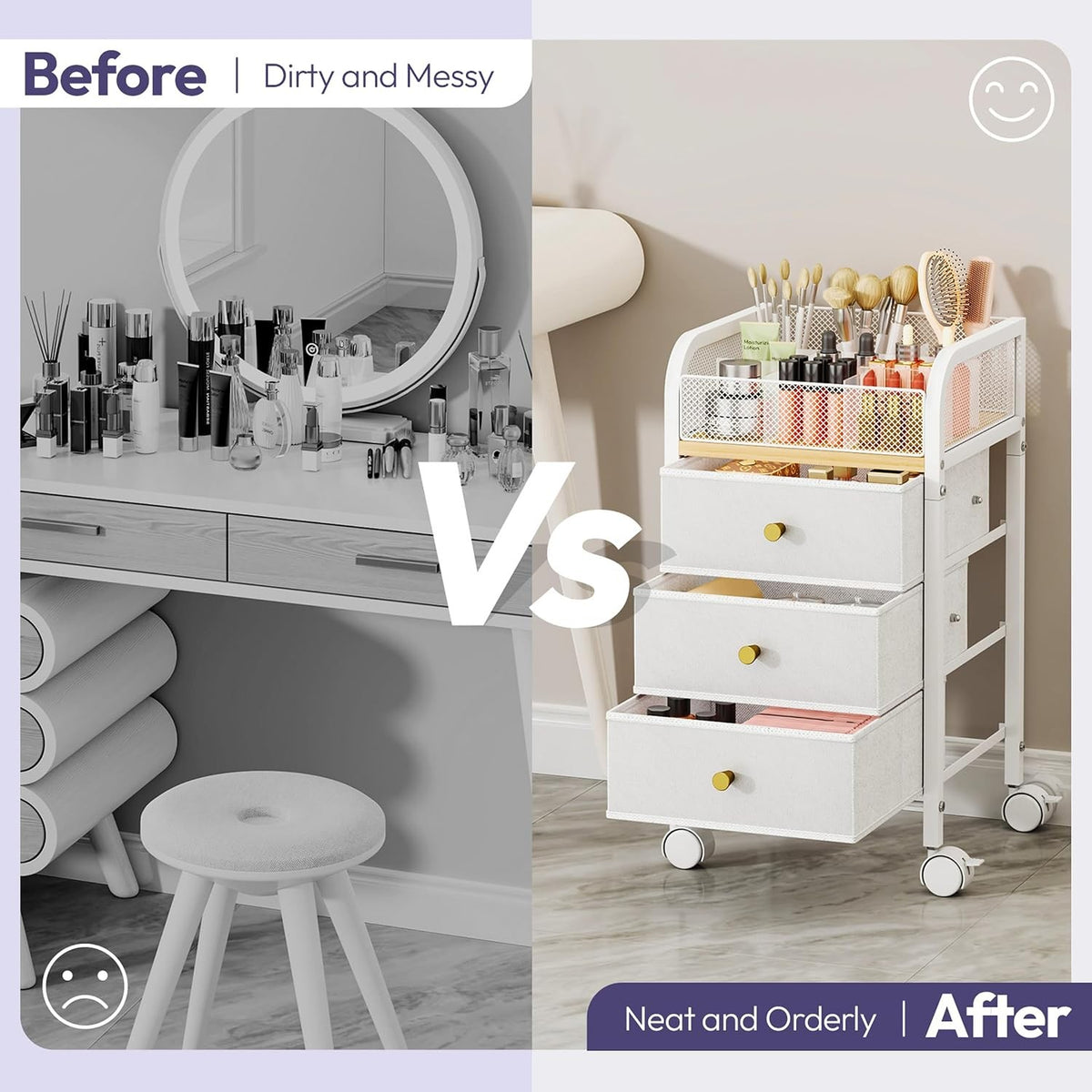 Rolling Makeup Organizer Cart with 3 Non-Woven Drawers Under Desk Storage