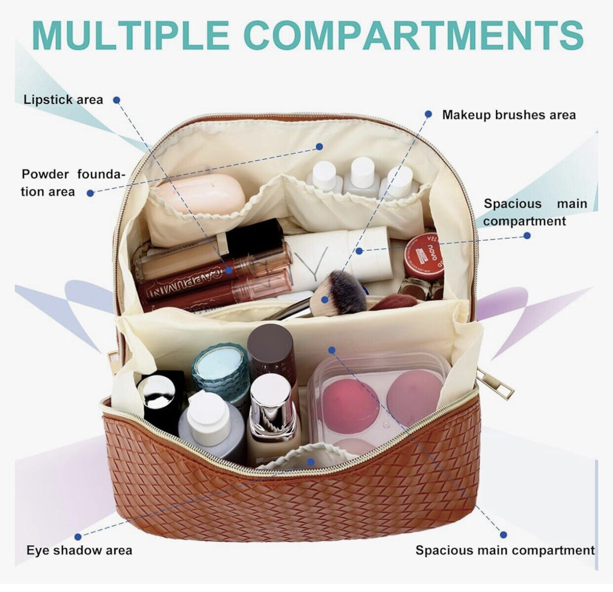 Large Waterproof Travel Makeup Bag - Portable Cosmetic Organizer in Brown
