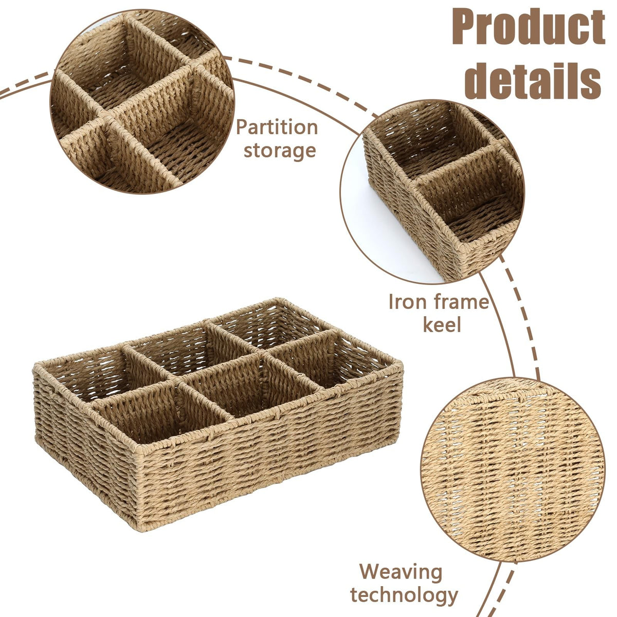 Wicker Makeup Organizer with 6 Compartments - Hand-Woven Vanity Storage Basket