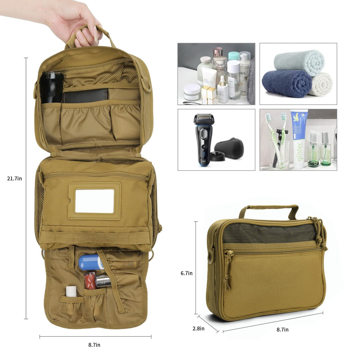 Men's Travel Toiletry Bag Hanging Organizer with Multiple Compartments - Khaki
