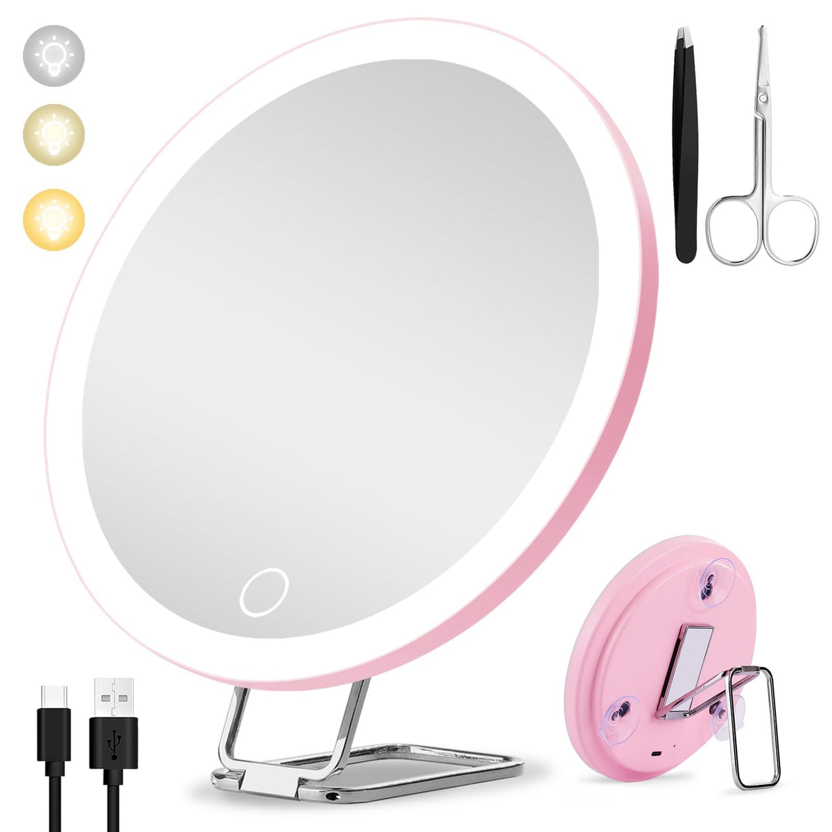 Lighted 6-Inch Magnifying Makeup Mirror with Suction Cups & Table Stand - 30X Zoom, Dimmable LED, Rechargeable for Travel & Home