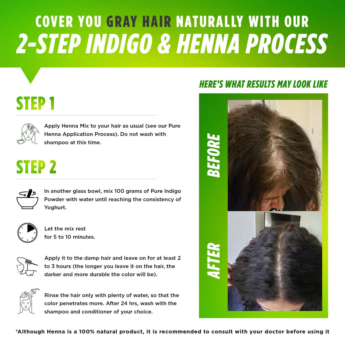 100% Pure Henna Powder - Natural Hair Dye, 100g Organic