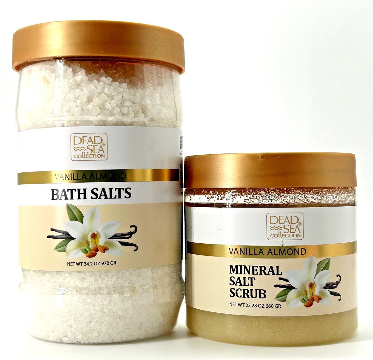 Dead Sea Vanilla Almond Bath Salts (34.2 oz) &Mineral Salt Scrub