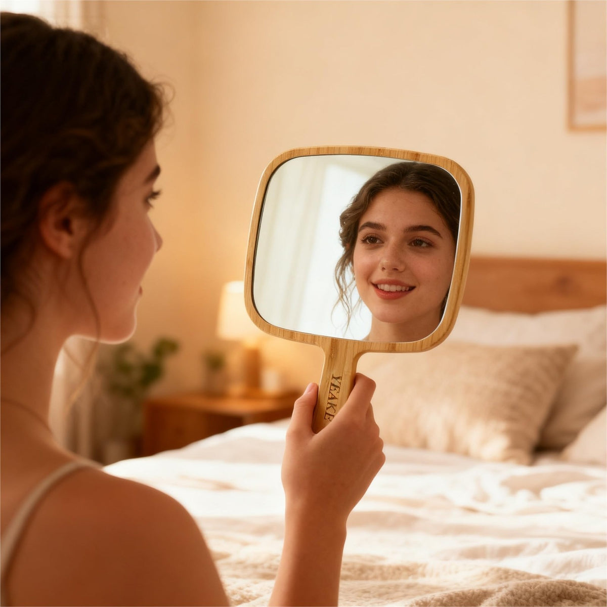 Natural Bamboo Hand Mirror with Handle - Portable & Large Viewing Area